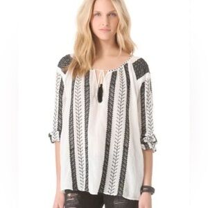 NILI LOTAN Bohemian Peasant Embroidered Cotton Tunic Blouse